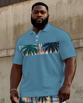 Big Men's Hawaiian Coconut Tree Geometric Pattern Printed Short Sleeve Polo Shirt Shorts Set